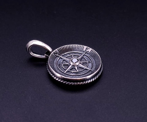 Maritime  Compass Amulet Sterling Silver with Center Black Diamond, 20mm