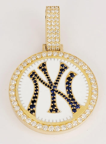 Hand-Made NY Pendant in 14K Yellow Gold with Sapphire & Diamonds