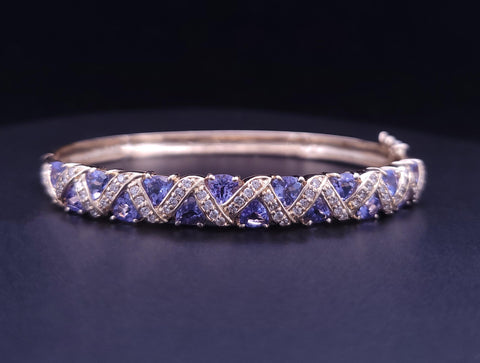 Custom Made  14K Yellow Gold 5ctw Tanzanite and Diamond Higed Bangle