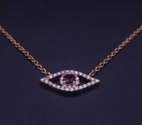 Evil Eye Necklace with Diamond & Single round Ruby