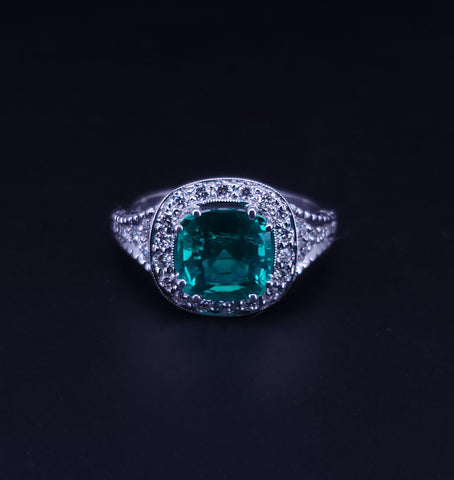 Cushion Cut Natural Emerald & Diamond Ring in 18K White Gold