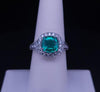Cushion Cut Natural Emerald & Diamond Ring in 18K White Gold