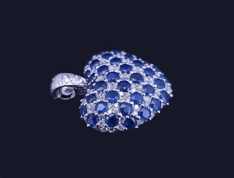 Blue Sapphire and Diamond Heart Pendant in 14K White Gold
