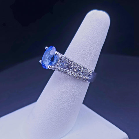 Blue Sapphire & Diamond Statement Ring in 18K White Gold