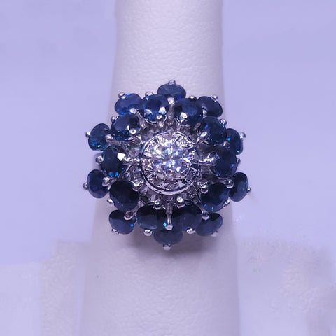 Art Deco Sapphire & Diamond Cluster Ring in 18K White Gold