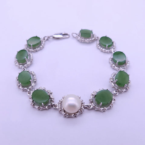 Custom Made Link Bracelet with Nephrite & Single White Pearl in 14K White Gold