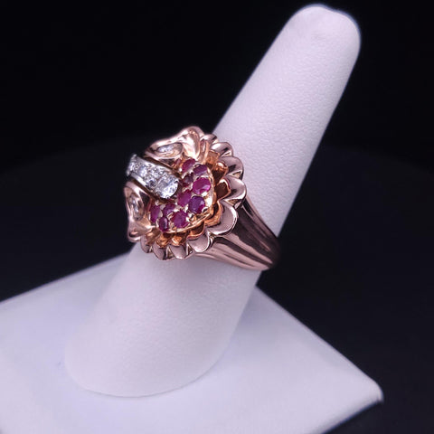 Antique Ruby Diamond Peacock  Ring in 14K Rose Gold