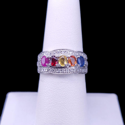 Multi-Gemstone Sapphire and Diamond Band Ring, White Gold