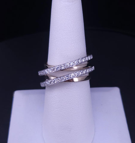 Elegant Diamond Crossover Ring in 14K White & Yellow Gold