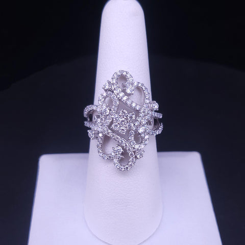 Art Deco Style Diamond Filigree Cocktail Ring in 14K White Gold