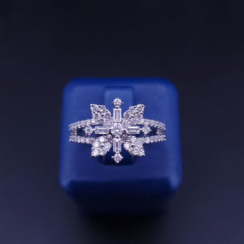 Floral Diamond Cluster Ring with Baguette Accents in 14K White Gold