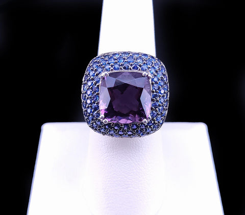Cushion-Cut Amethyst & Blue Sapphire Halo Cocktail Ring in 14K White Gold