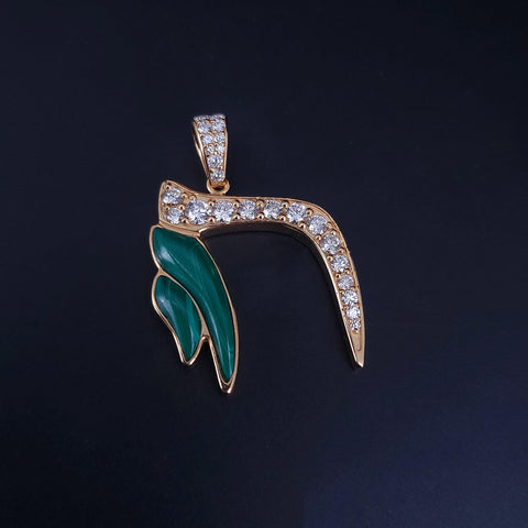 Custom Made CHAI Pendant in 14K Yellow Gold with Diamonds and Malachite