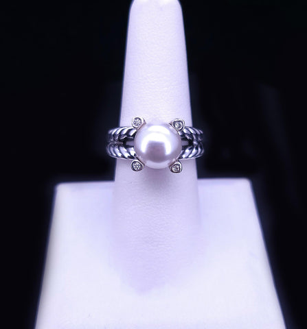 David Yurman Cable Pearl Ring with Diamonds, 2 Size Available