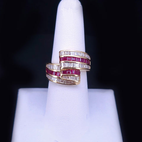 Ribbon  Bypass Ring with Diamonds & Ruby in 18K Yellow Gold