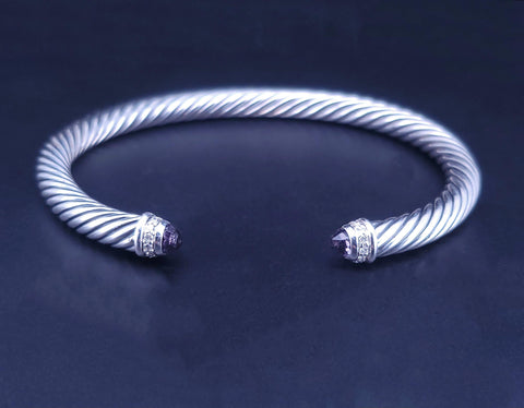 David Yurman Cable Bracelet Sterling Silver with Amethyst and Diamonds, 5mm