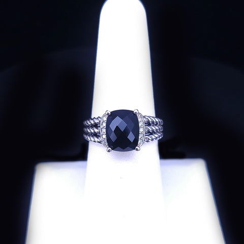 David Yurman Sterling Silver “Wheaton” Petite Ring with Diamonds & Black Onyx