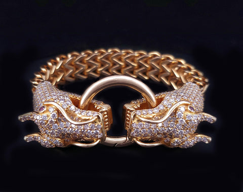 18K Yellow Gold Royal Dragon Double Head Bracelet with Diamond