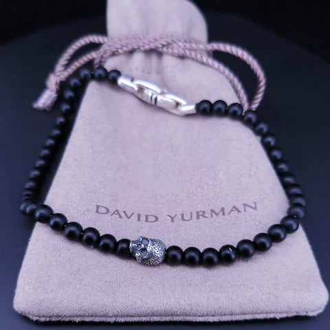 Memento Mori Skull Station Bracelet Sterling Silver with Black Onyx, 4mm