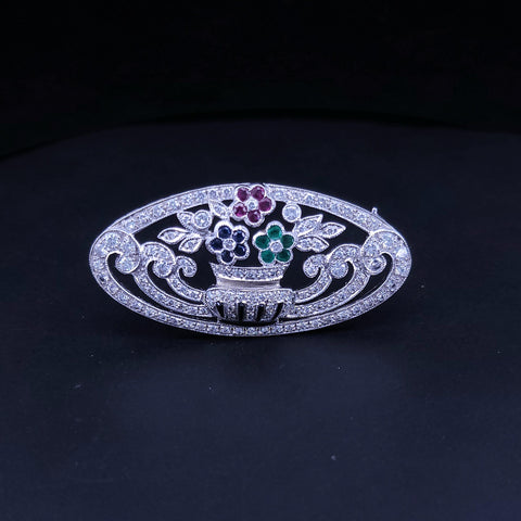 Vintage Diamond Ruby Sapphire Emerald Floral Brooch in 18K White Gold