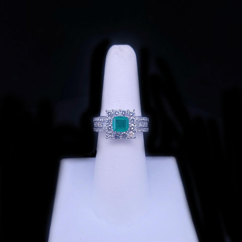 Custom Made Emerald & Round Brilliant Diamond Cluster Ring in 18K White Gold