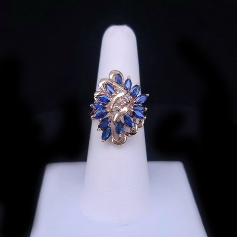 Vintage Marquise Blue Sapphire and Diamond Outstanding Set in 14K Yellow Gold