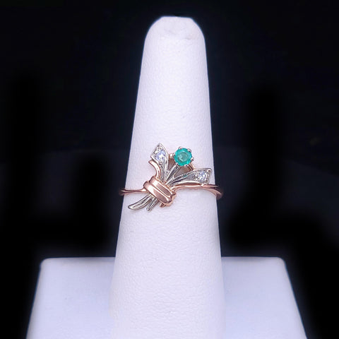 Vintage Russian Emerald Diamond Floral Cluster in 14k Rose Gold Ring