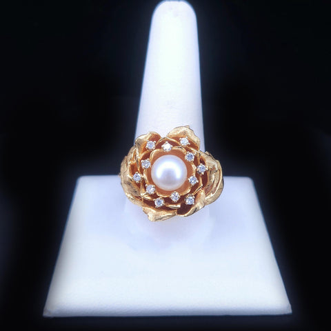 Custom-Made Golden Blossom Pearl & Diamond Ring in 14K Yellow Gold
