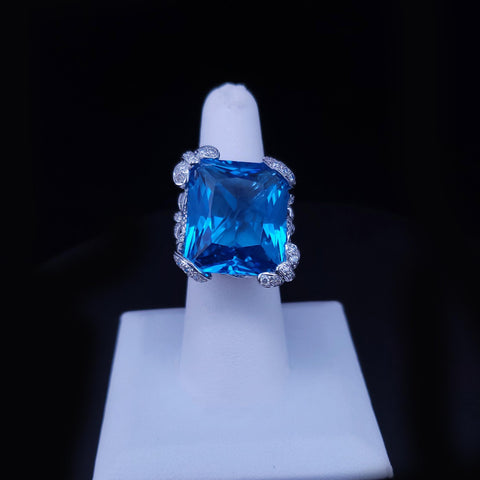Massive Blue Topaz Ring in White Gold with Diamonds