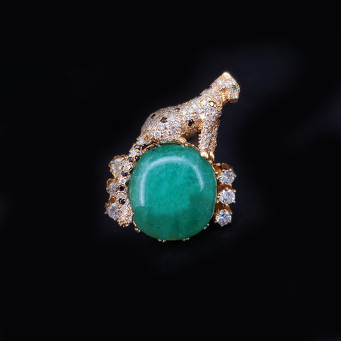 Custom-Made Antique Jade, Diamond & Sapphire Leopard Pin in 18K Yellow Gold