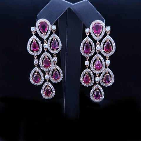 Ruby and Diamonds Dangle Earrings in 14K Yellow Gold