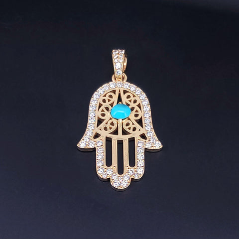 Custom Made Hamza Hand Pendant with Diamonds & Turquoise in 14K Yellow Gold