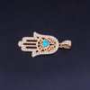 Custom Made Hamza Hand Pendant with Diamonds & Turquoise in 14K Yellow Gold