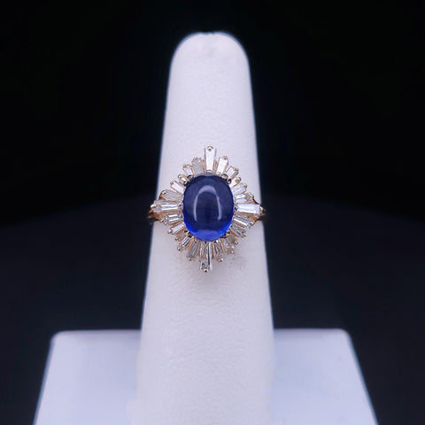 Vintage Oval Blue Sapphire Cabochon and Baguette Diamond Ballerina Ring