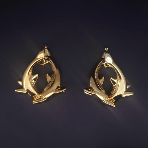 Custom Made  Dolphins Earrings in 14K Yellow Gold
