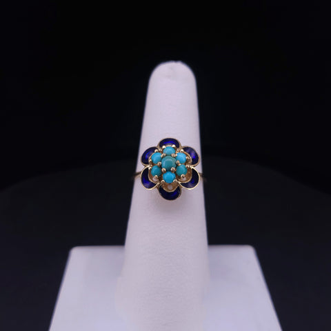 Vintage Custom Made VFloral Turquoise & Enamel Beauty Ring