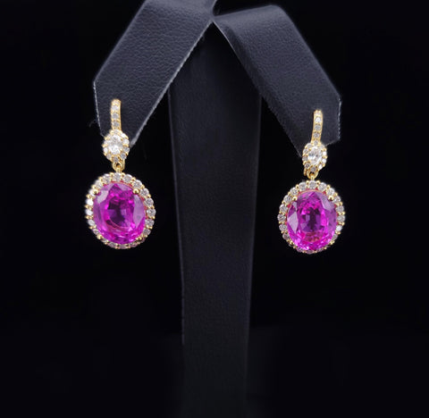 Custom Made Earrings with Pink Sapphire & Diamonds In 14k Yellow Gold