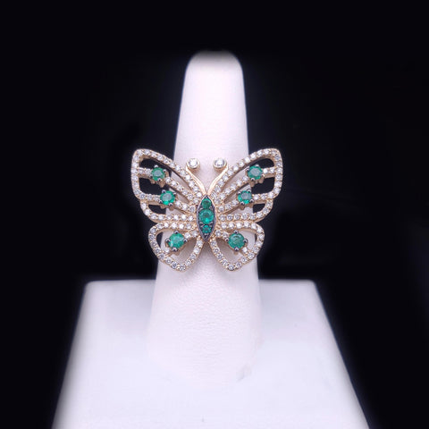 Custom Made Butterfly Ring with Emerald & Diamonds in 14K Yellow Gold