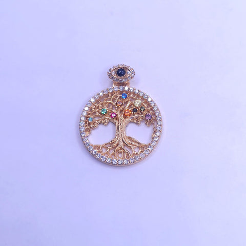 Custom Made Tree of Life Pendant with MultiStone in 14K Yellow Gold