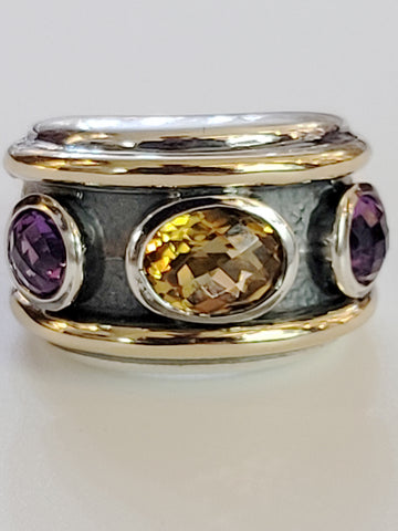 David Yurman Renaissance 3 Stone Citrine & purple Sterling Silver and Gold band ring