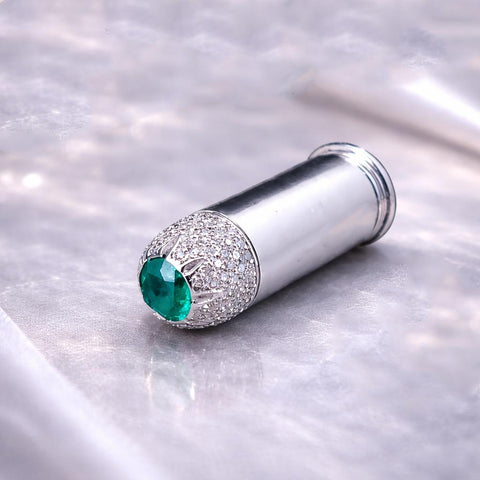Modern White Gold Bullet Pendant with Pavé Diamonds & Emerald