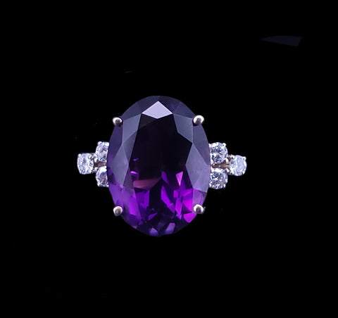 Custome Made Amethyst & Diamond Ring in 14K Yellow Gold