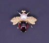 Hand Made Antique Bee 14k Yellow Gold Brooch with Garnet and Pearl
