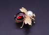 Hand Made Antique Bee 14k Yellow Gold Brooch with Garnet and Pearl