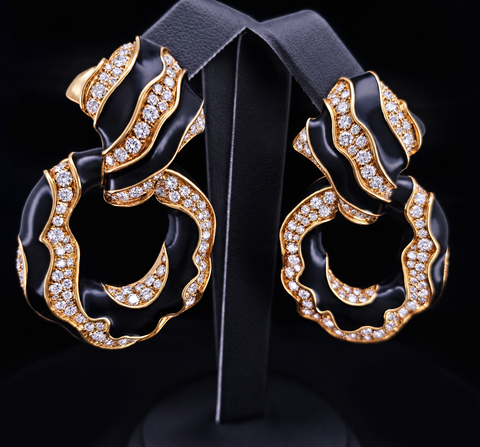 David Webb 18K Yellow Gold & Black Enamel Diamond Clip-On Earrings