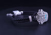 Black Leather Bracelet with 18K White Gold Diamond Hamsa & Turquoise