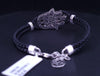 Black Leather Bracelet with 18K White Gold Diamond Hamsa & Turquoise