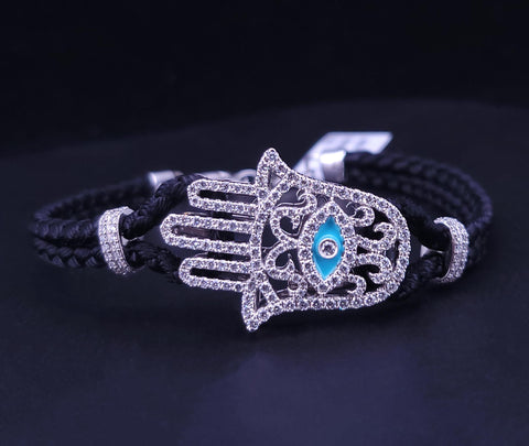 Black Leather Bracelet with 18K White Gold Diamond Hamsa & Turquoise