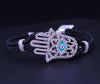 Black Leather Bracelet with 18K White Gold Diamond Hamsa & Turquoise