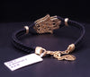 Black Leather Bracelet with 18K Yellow Gold Diamond Hamsa & Turquoise